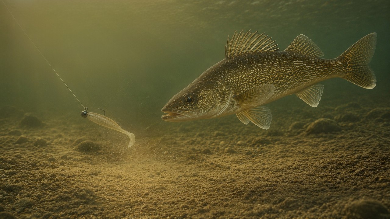 A walleye tracking a pale soft-plastic jig near the bottom in stained water